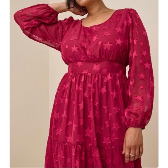 π π Midi Clip Dot Star Chiffon Tiered Dress 0 NWT Torrid New Burgundy - Picture 5 of 6
